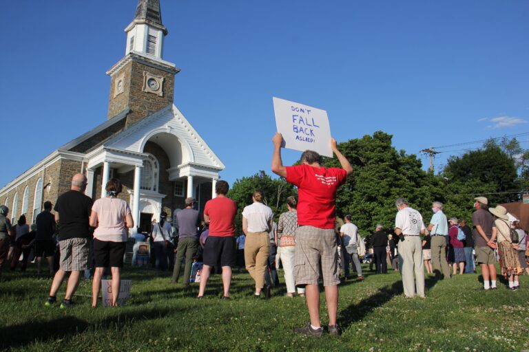 About 200 people gather on the lawn of the Oxford Presbyterian Church in Northwest Philadelphia for an interfaith vigil to remember George Floyd and others killed by police. (Emma Lee/WHYY)